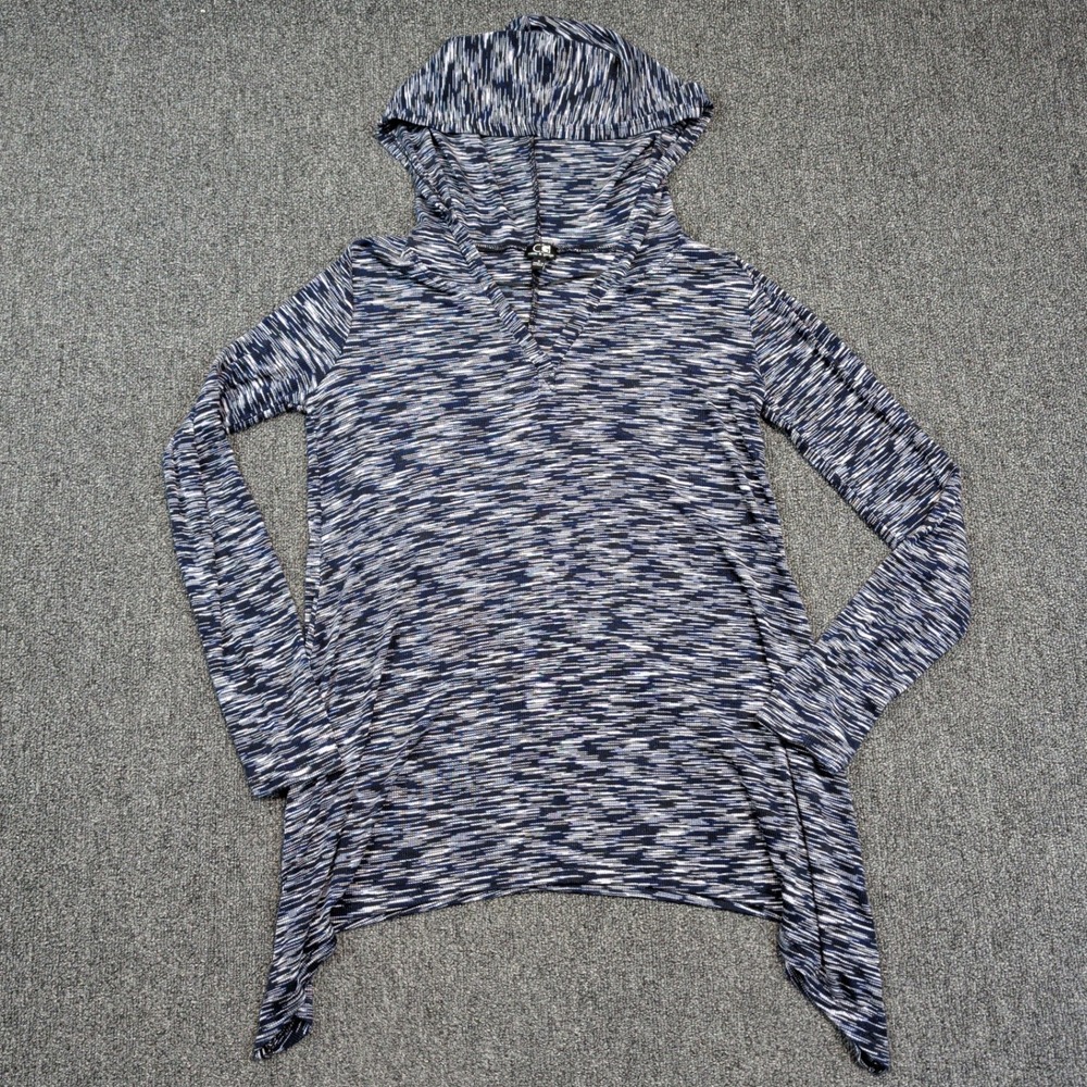 Cable & Gauge Boho Space Dye Sharkbite Hem Hoodie S Blue White Ribbed Knit Top